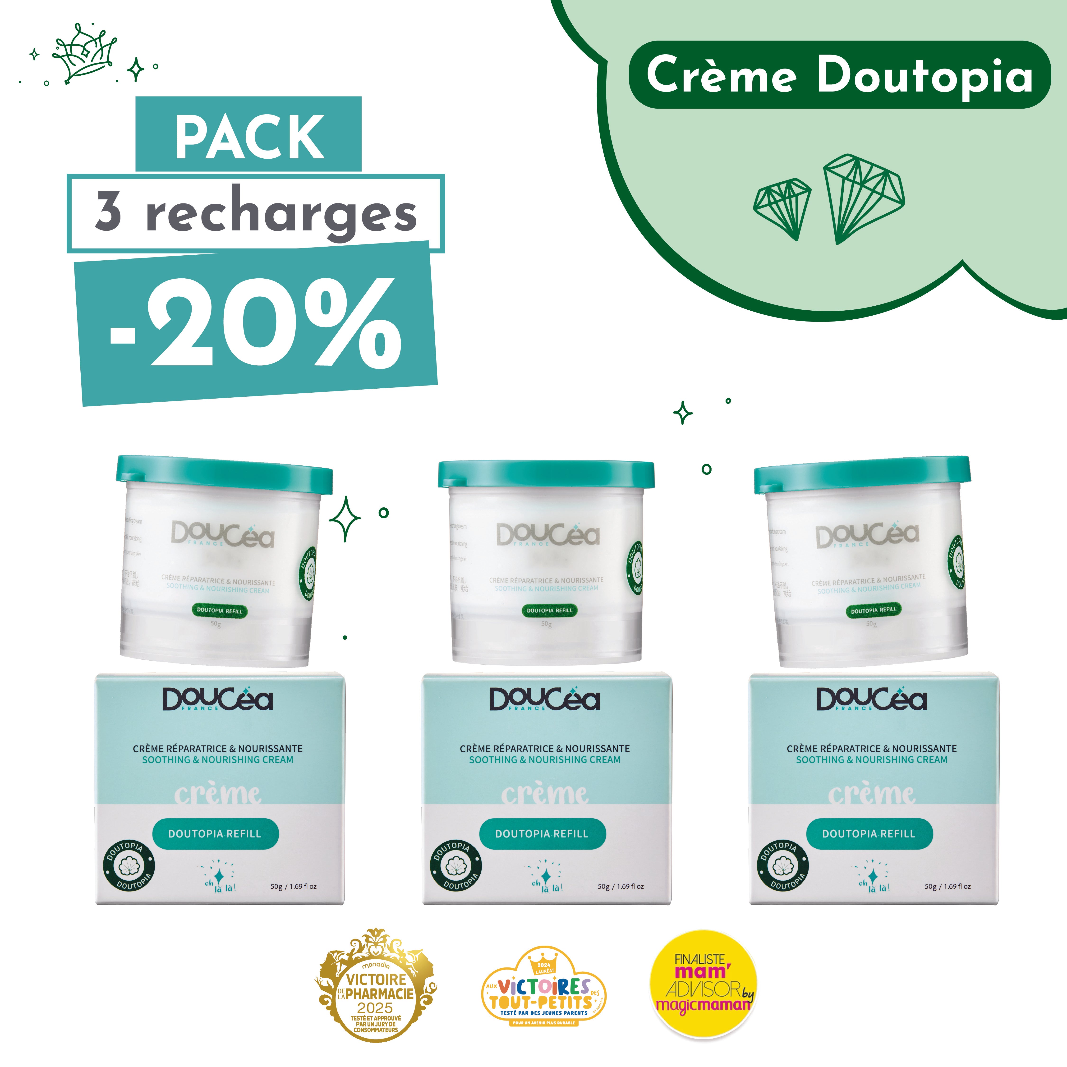 1 PACK DE 3 RECHARGES CREME DOUTOPIA • -40% • Soin Réparateur Peaux très sèches et/ou atopiques