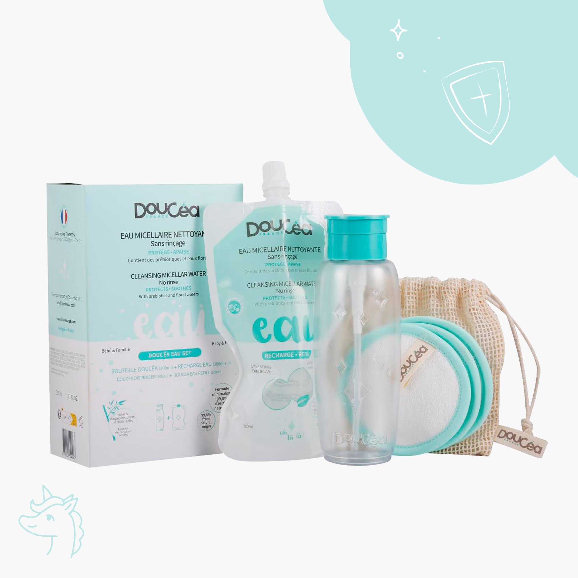 Kit Soin Nettoyant • Set Eau Micellaire (bouteille/coton pad/recharge 300ml)