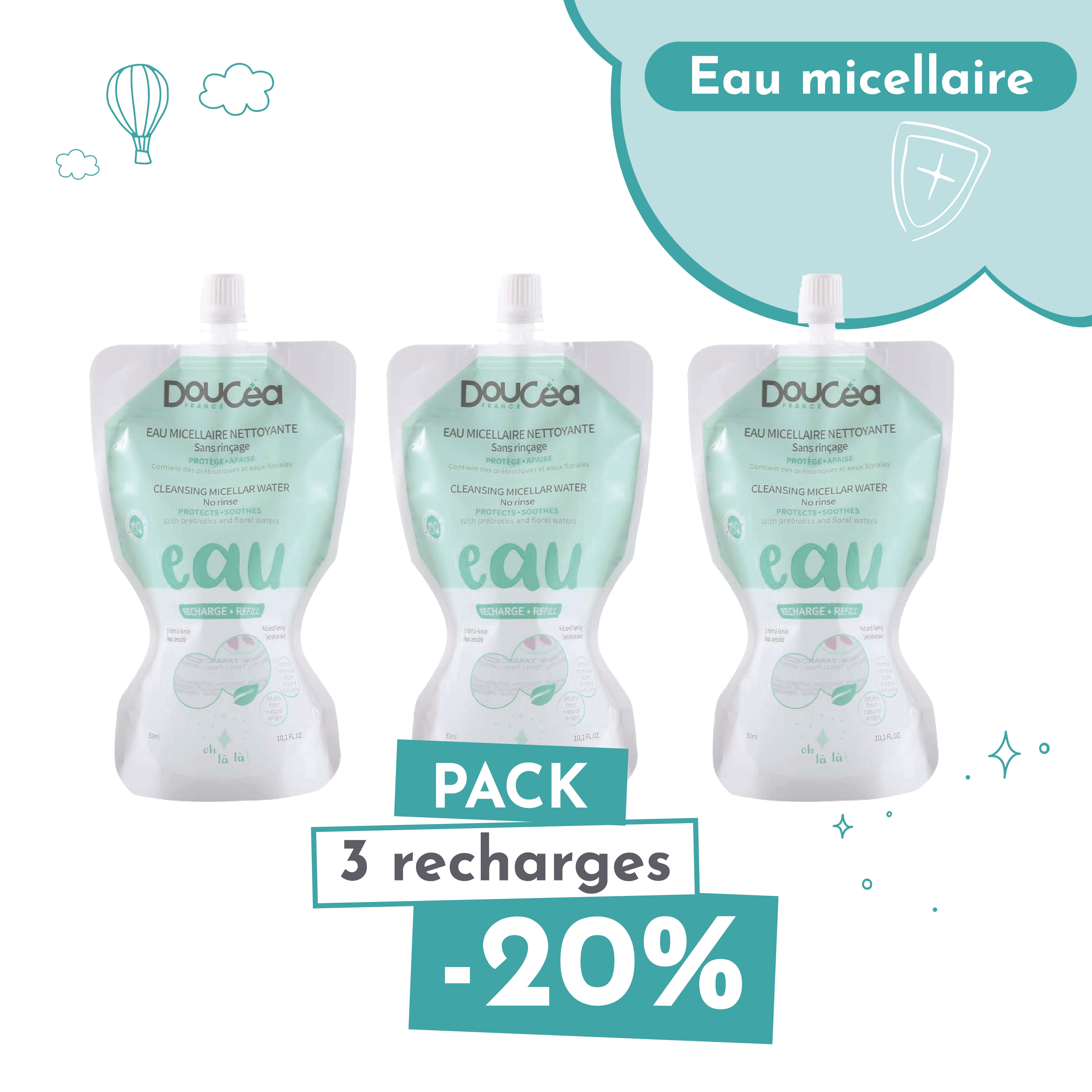 1 PACK DE 3 RECHARGES EAU MICELLAIRE 300 ml • -20% • Soin Nettoyant Doucéa